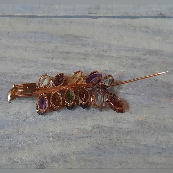 Vintage 18K Yellow Gold Custom Leaf Design Multi Coloured Gemstones Brooch - Picture 10 of 16